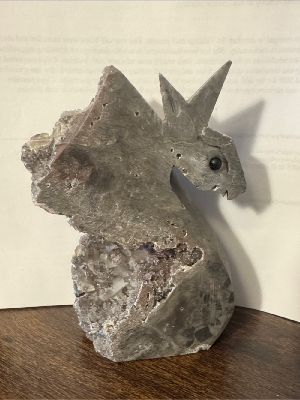 Handcarved Amethyst Unicorn Geode Sculpture in Purple/Grey